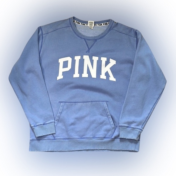 PINK Victoria's Secret Tops - Victoria Secret Blue Soft Hem Distressed Long Sleeve PINK Sweatshirt Size Large